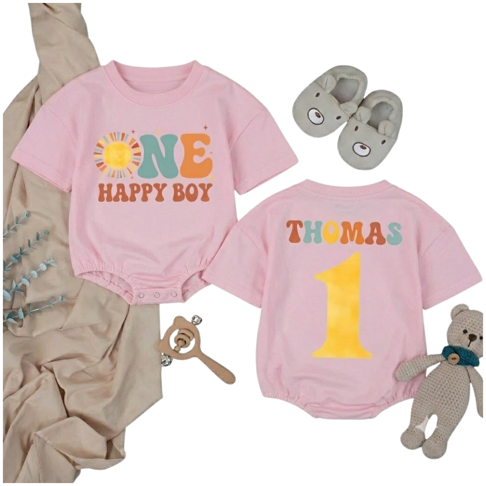 One Happy Boy Custom 1st Birthday T Shirt Bubble Romper, Custom First Birthday Baby Boy Romper BB0254