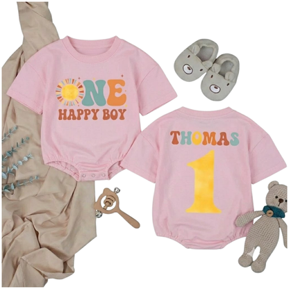 One Happy Boy Custom 1st Birthday T Shirt Bubble Romper, Custom First Birthday Baby Boy Romper BB0254