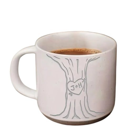 Custom Carved Initials In A Heart Tree Couple Pottery Mug, Custom Mug For Wedding Engagement Newlywed WD0011