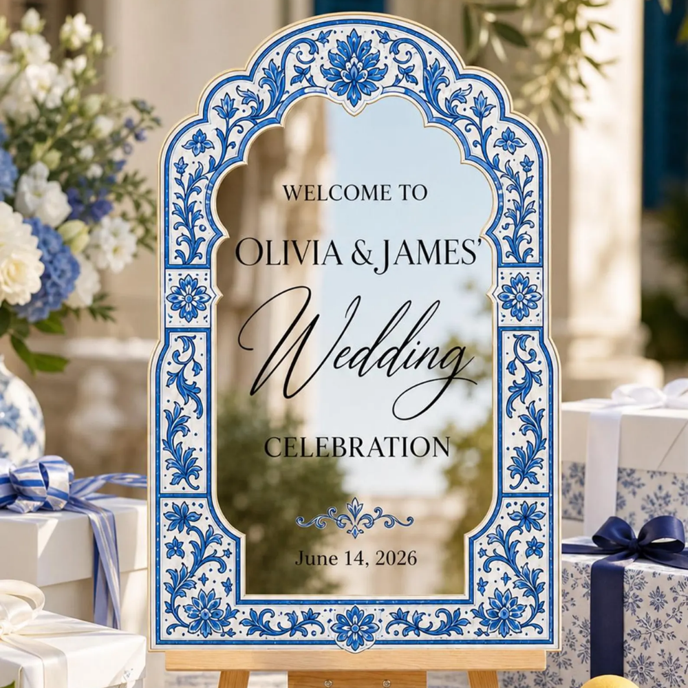 Personalized Mediterranean Blue Tile Wedding Welcome Acrylic Mirror Sign, Custom Destination Wedding Welcome Sign WD0739