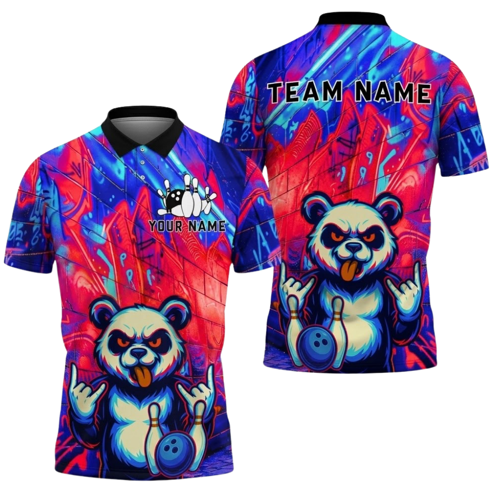 Custom Panda Neon Bowling Polo Shirt For Men, Custom Panda Bowling Team Shirts BZ0778
