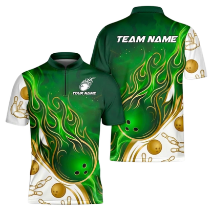 Custom Flame Ball Bowling Jersey Shirts For Men Green And White, Custom Flame Bowling Team Shirts BZ1101
