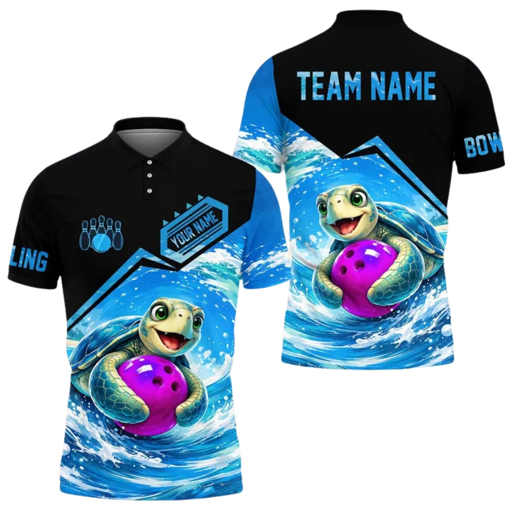 Custom Turtle Blue Bowling Polo Shirt For Men, Custom Turtle Bowling Team Shirts BE0182