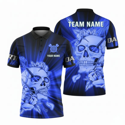 Custom Skull And Rose Blue Dart Polo Shirt Mens, Custom Skull Dart Team Shirts DZ0065