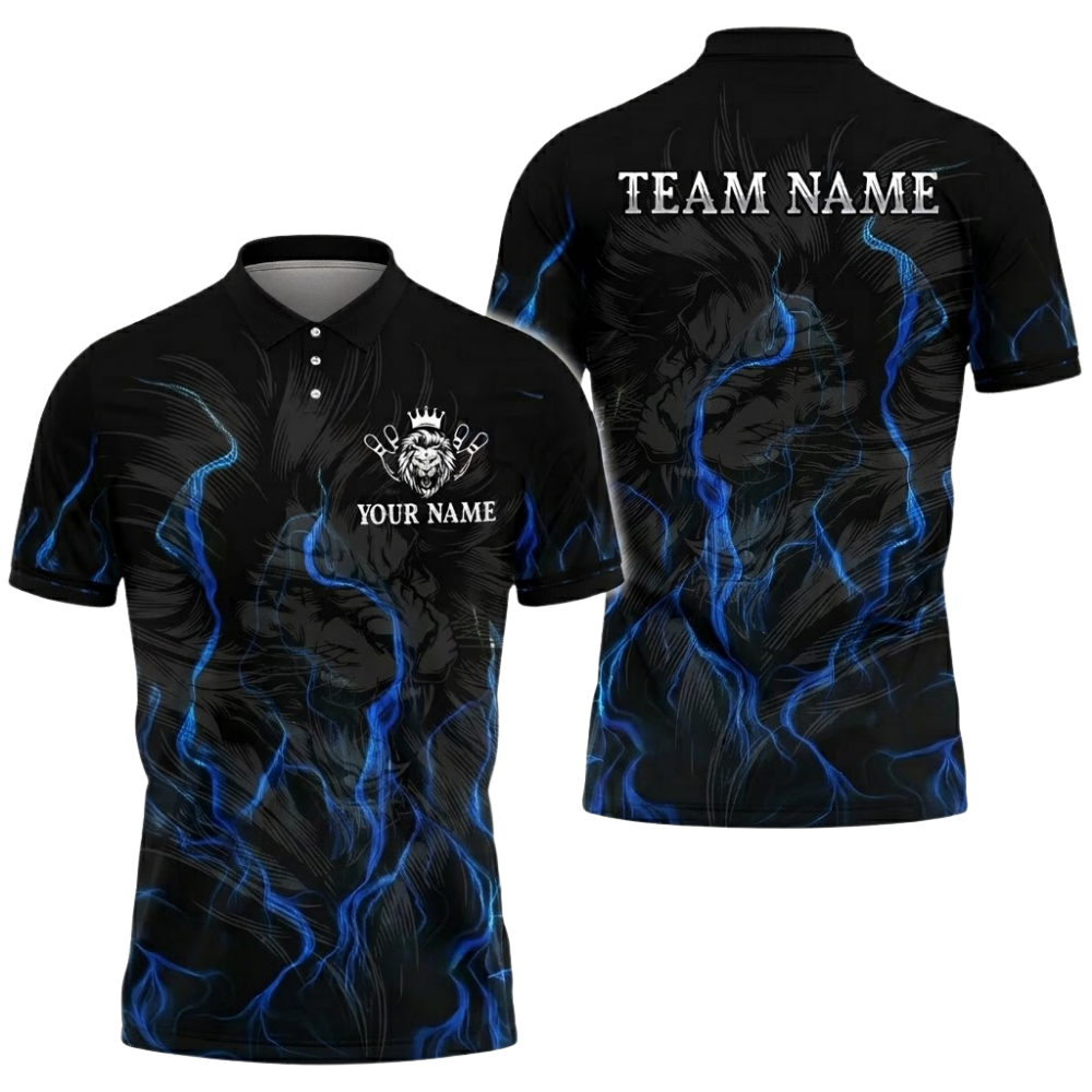 Custom Lion Black Blue Bowling Polo Shirt For Men, Custom Lion Bowling Team Shirt BZ0747