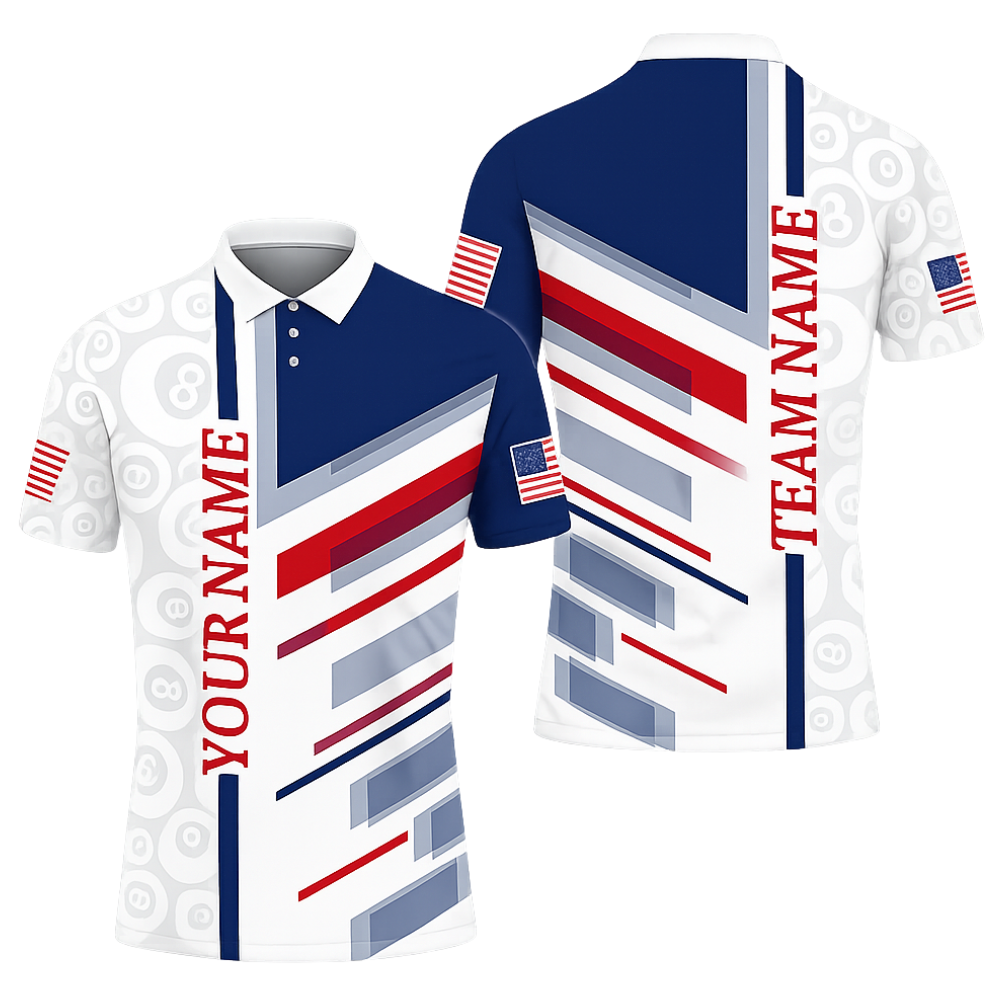 Red White And Blue American Flag Custom 8 Ball Polo Shirt For Men, Custom Patriotic Billiard Team Shirts BIZ0313
