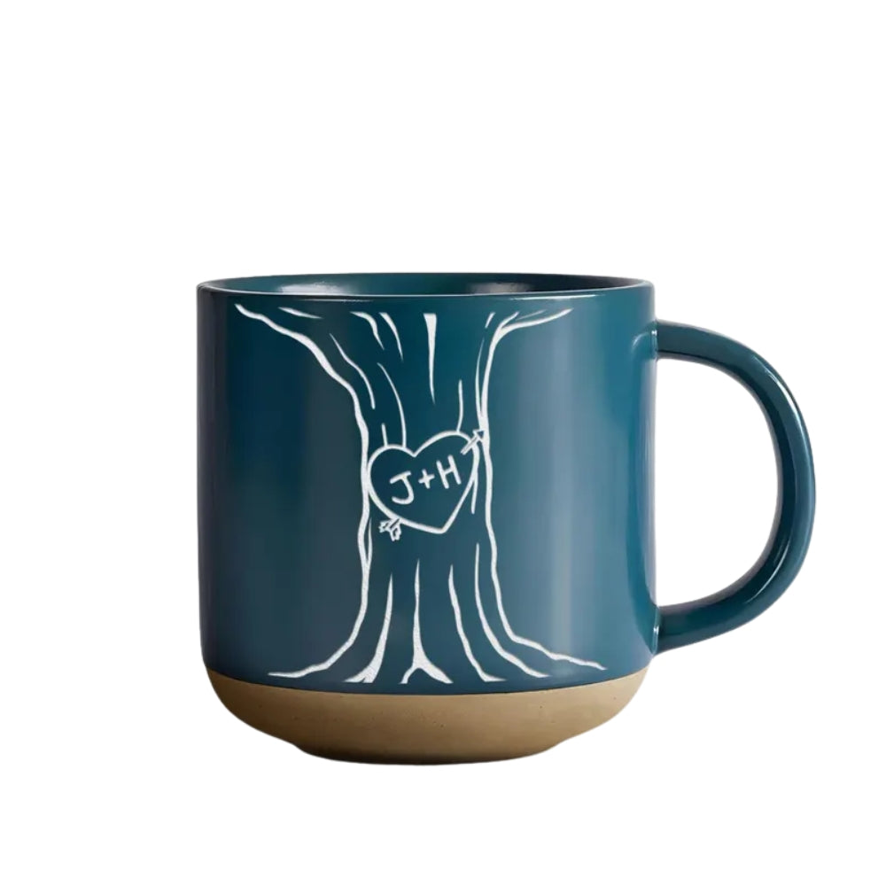 Custom Carved Initials In A Heart Tree Couple Pottery Mug, Custom Mug For Wedding Engagement Newlywed WD0011
