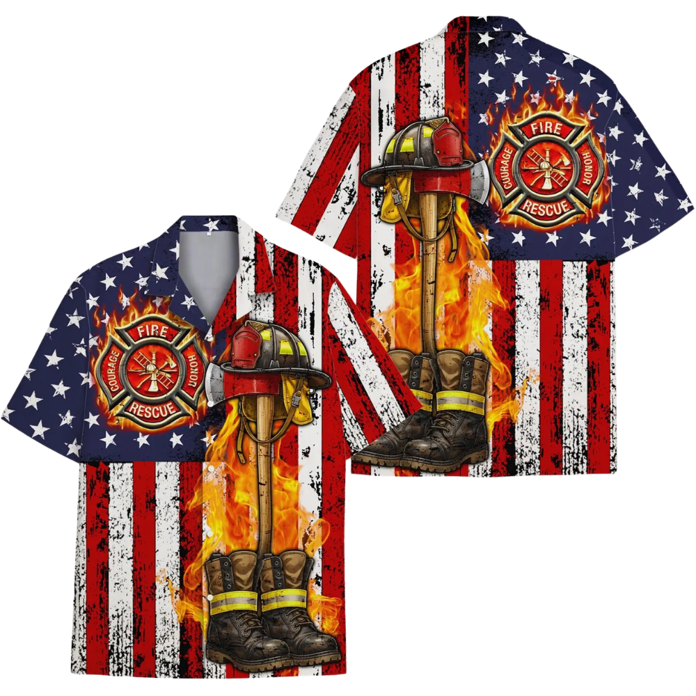Fire Honor Rescue Courage USA Flag Firefighter Hawaiian Shirt For Men, Firefighter Patriotic Hawaiian Shirt HE0369
