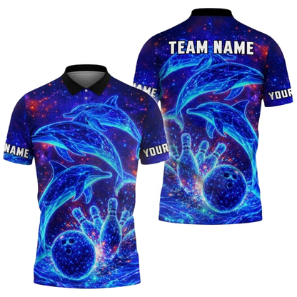 Custom Dolphin Neon Blue Men's Bowling Polo Shirt, Custom Dolphin Team Bowling Shirts BZ0508