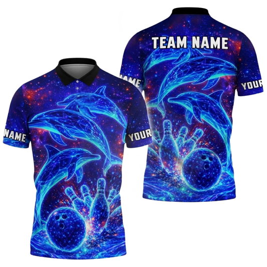 Custom Dolphin Neon Blue Men's Bowling Polo Shirt, Custom Dolphin Team Bowling Shirts BZ0508