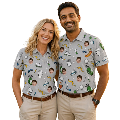Custom Face Matching Golf Polo Shirt For His And Her, Custom Photo Golf Shirts For Couple GE0594