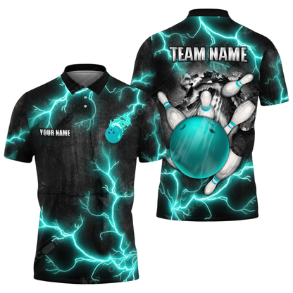Custom Mens Thunder Bowling Polo Shirt Blue Black, Custom Thunder Bowling Team Shirt BZ0603