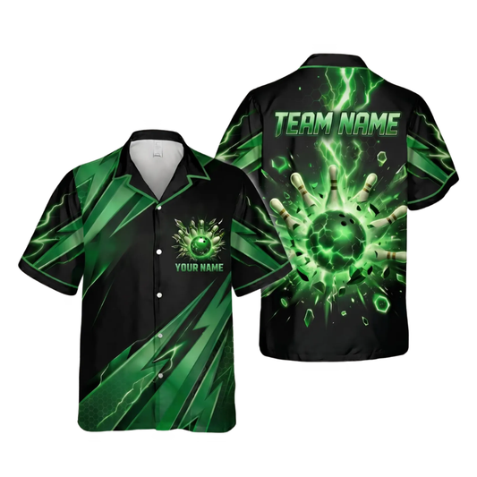 Green Thunder Custom Mens Bowling Hawaiian Shirt, Custom Team Thunder Bowling Shirt BE0277