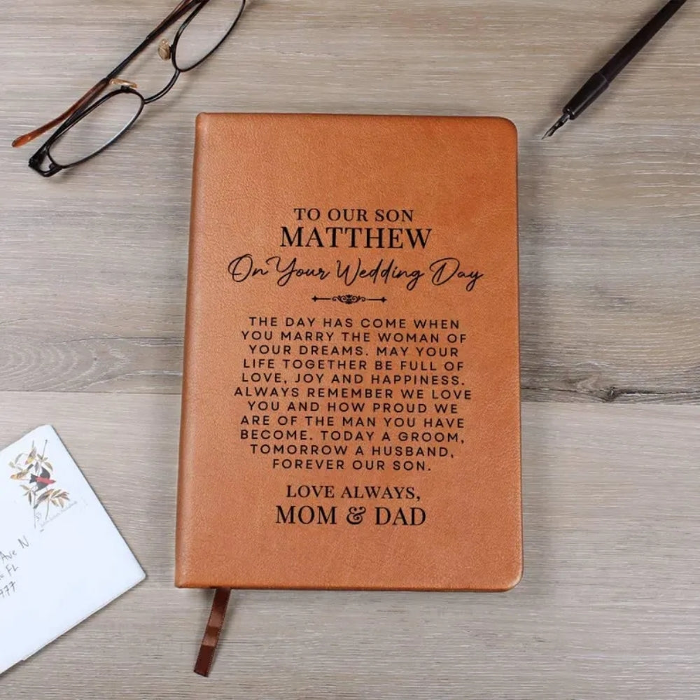 Our Son On His Wedding Day Personalized Leather Journal, Personalized Wedding Leather Journal For Son WD0145
