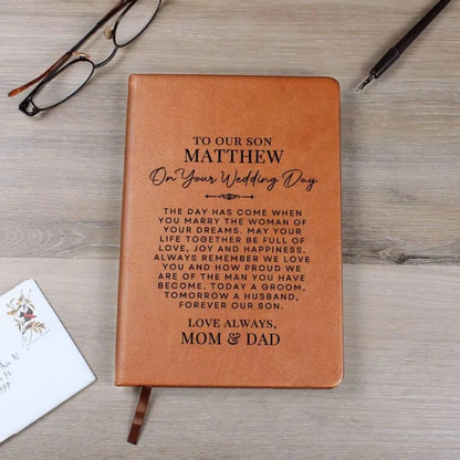 Our Son On His Wedding Day Personalized Leather Journal, Personalized Wedding Leather Journal For Son WD0145