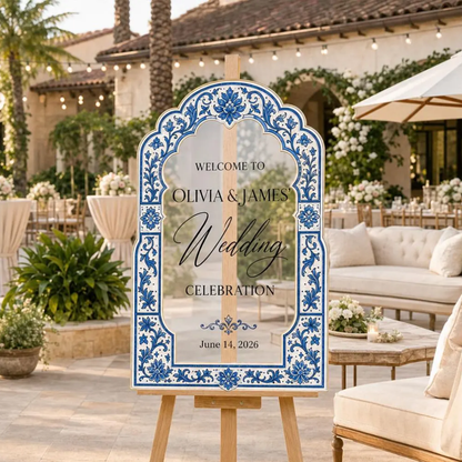 Personalized Mediterranean Blue Tile Wedding Welcome Acrylic Mirror Sign, Custom Destination Wedding Welcome Sign WD0739