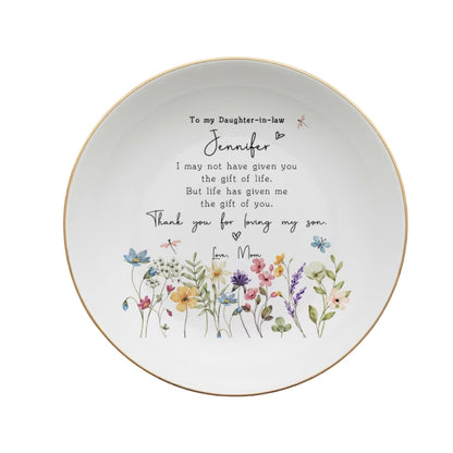 Personalized Floral Daughter In Law Wedding Ring Dish, Custom New Bride Jewelry Dish WD0080