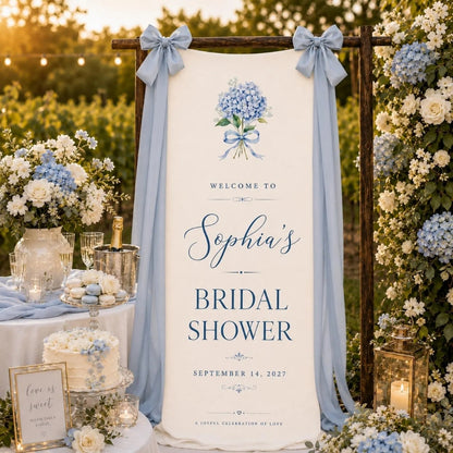 Custom Blue Hydrangea Bridal Shower Fabric Welcome Banner, Custom Floral Bridal Party Welcome Sign WD0407
