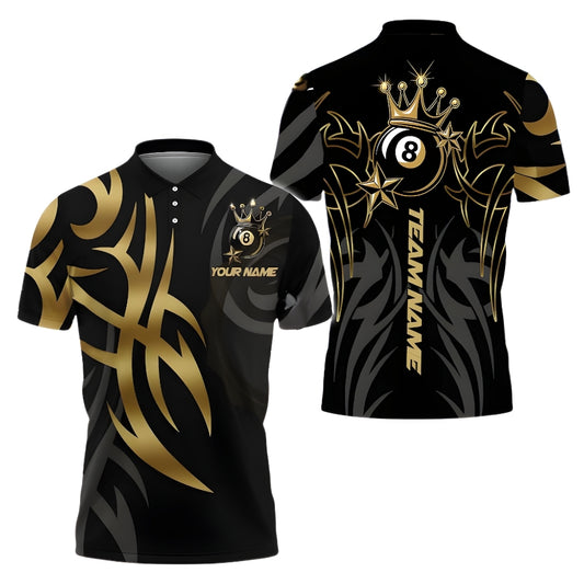 Custom King 8 Ball Black And Gold Billiard Polo Shirt Mens, Custom 8 Ball Pool Team Shirts BIE0035