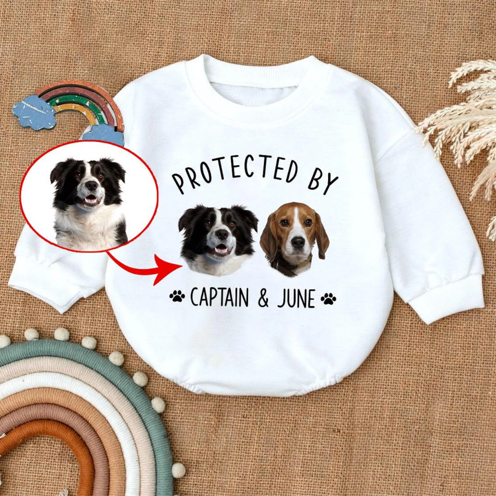 Custom Photo Protected By Dog Name Baby Romper Sweatshirt, Personalized Dog Lover Romper Sweatshirt For Baby BB0099