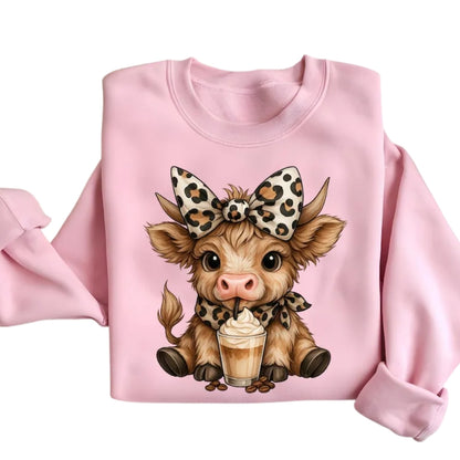 Cute Leopard Highland Cow Sweatshirt, Highland Cow Lover Iced Coffee Sweatshirt 2D0777