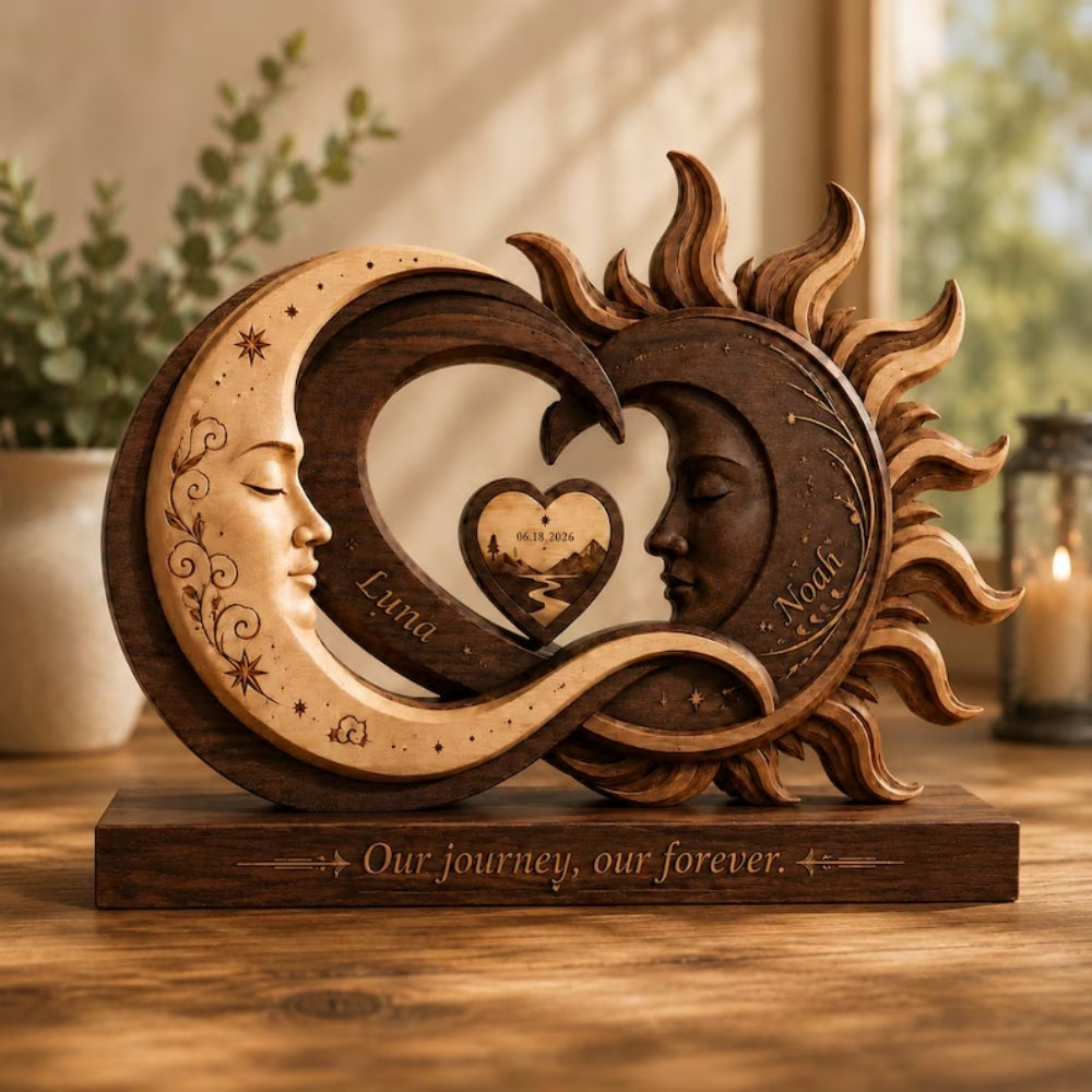 Sun And Moon Custom Couple Layer Wooden Plaque, Custom Sun Moon Wedding Keepsake Wooden Block WD0929