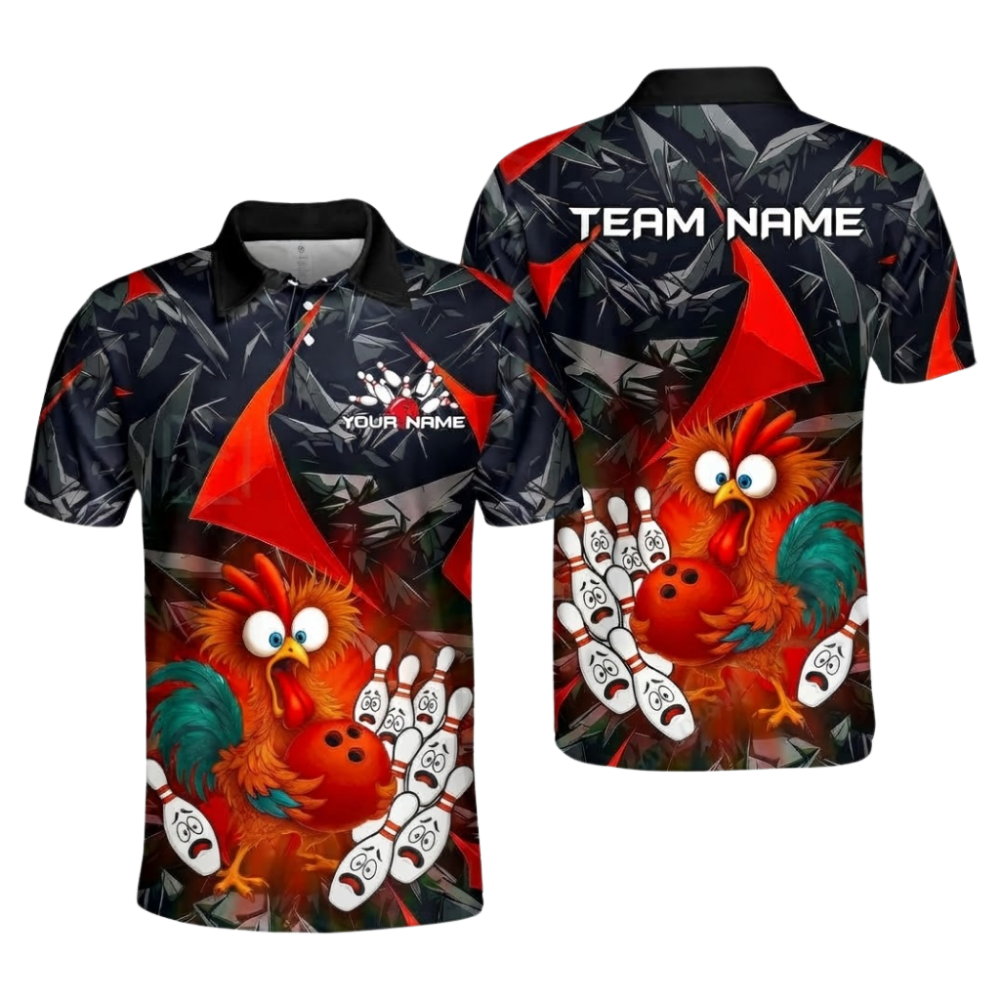 Custom Red Funny Chicken Men's Bowling Polo Shirts, Custom Chicken Bowling Team Shirts BZ1082