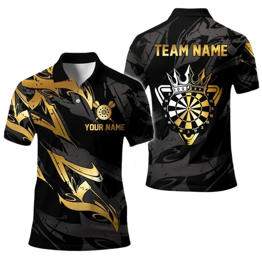 Custom Black Gold King Dartboard Dart Polo Team Shirt Mens, Custom Team Darts Shirts DE0015