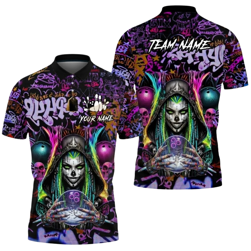 Men's Custom Cyberpunk Witch Graffiti Bowling Polo Shirt For Men, Custom Skull Team Bowling Shirt BZ0794