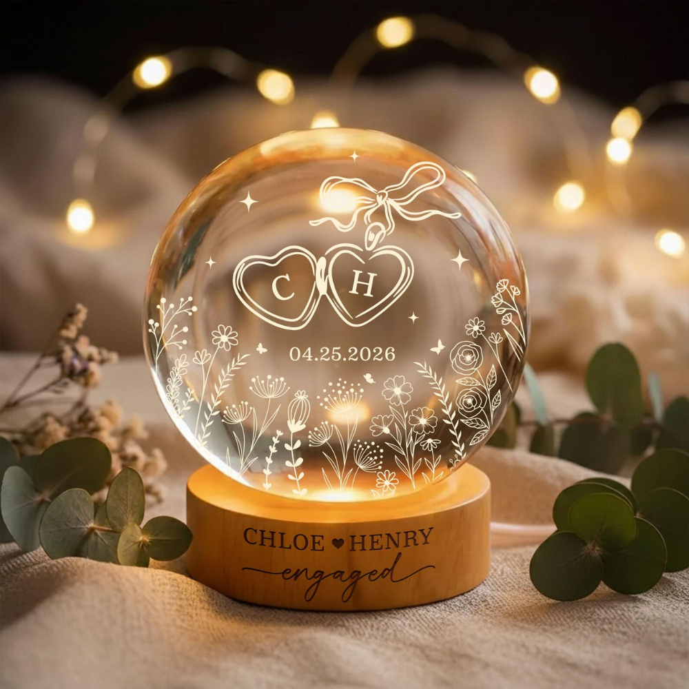 Custom Engaged Couple Name Crystal Ball Led Night Light, Custom Engagement Night Light WD0858