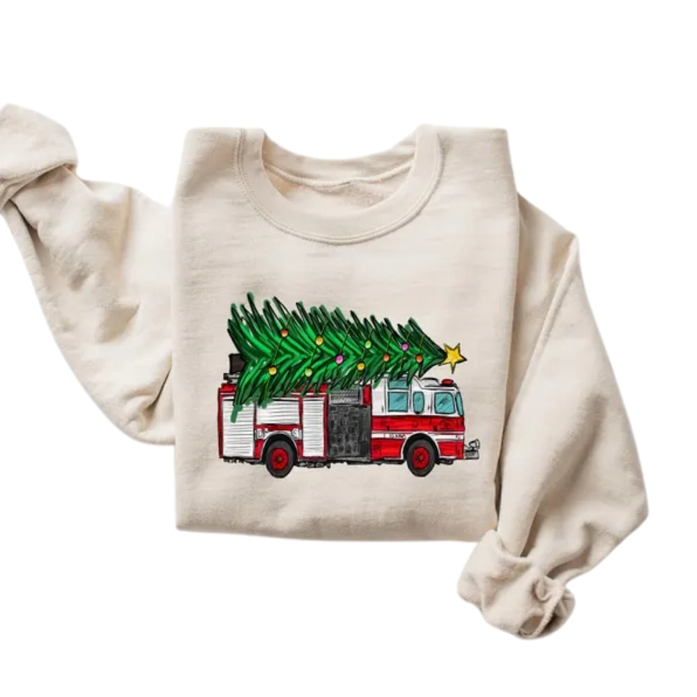 Christmas Tree On Fire Truck Sweatshirt, Christmas Sweatshirt For Firefighter 2D0665