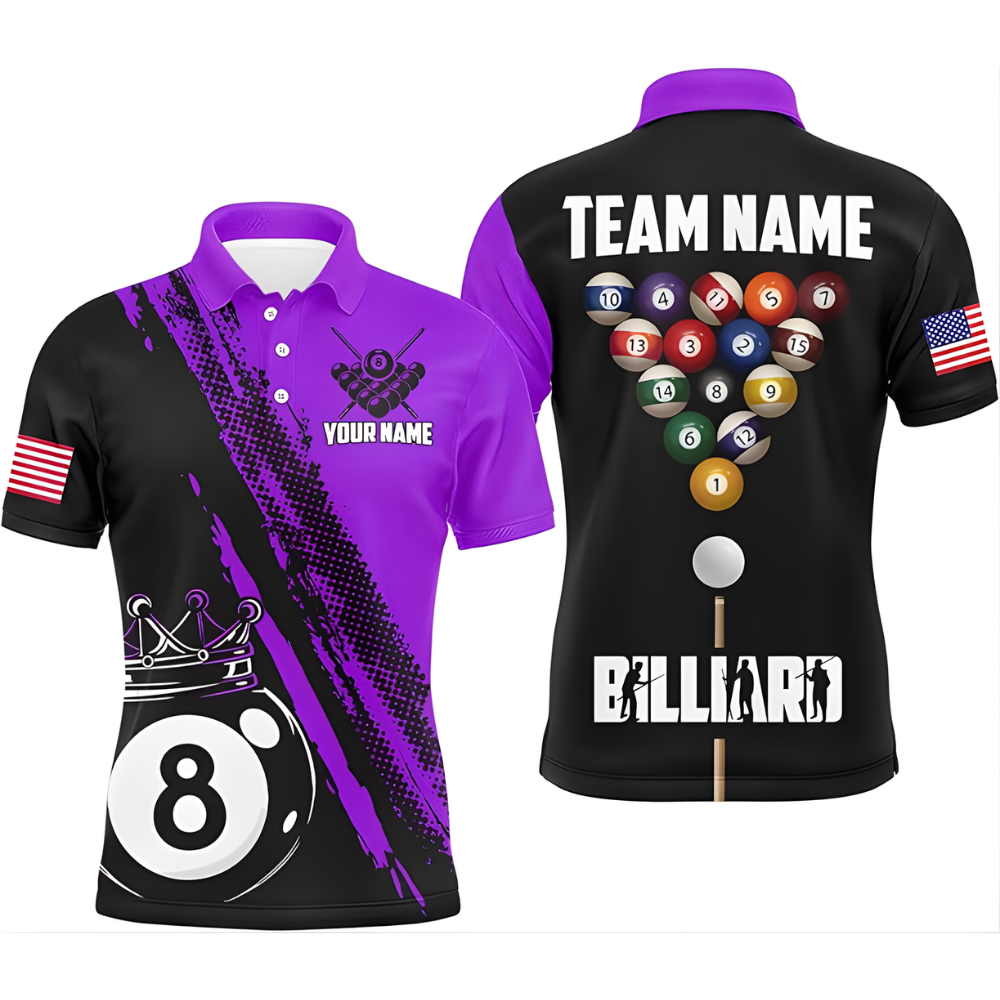 Black And Purple Custom King 8 Ball Billiard Men Polo Shirts, Custom 8 Ball Billiard Team Shirts BIZ0202