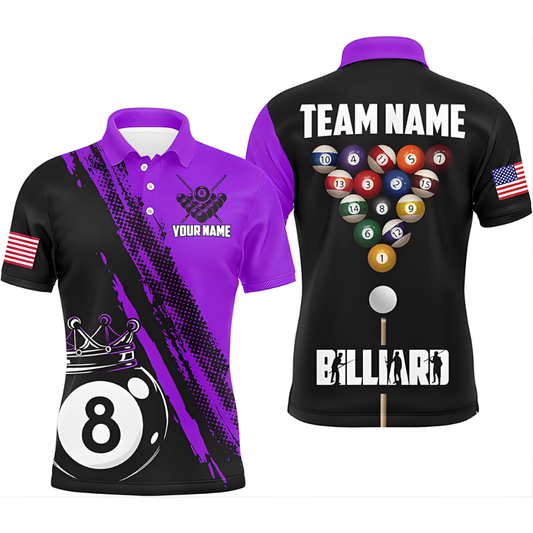 Black And Purple Custom King 8 Ball Billiard Men Polo Shirts, Custom 8 Ball Billiard Team Shirts BIZ0202
