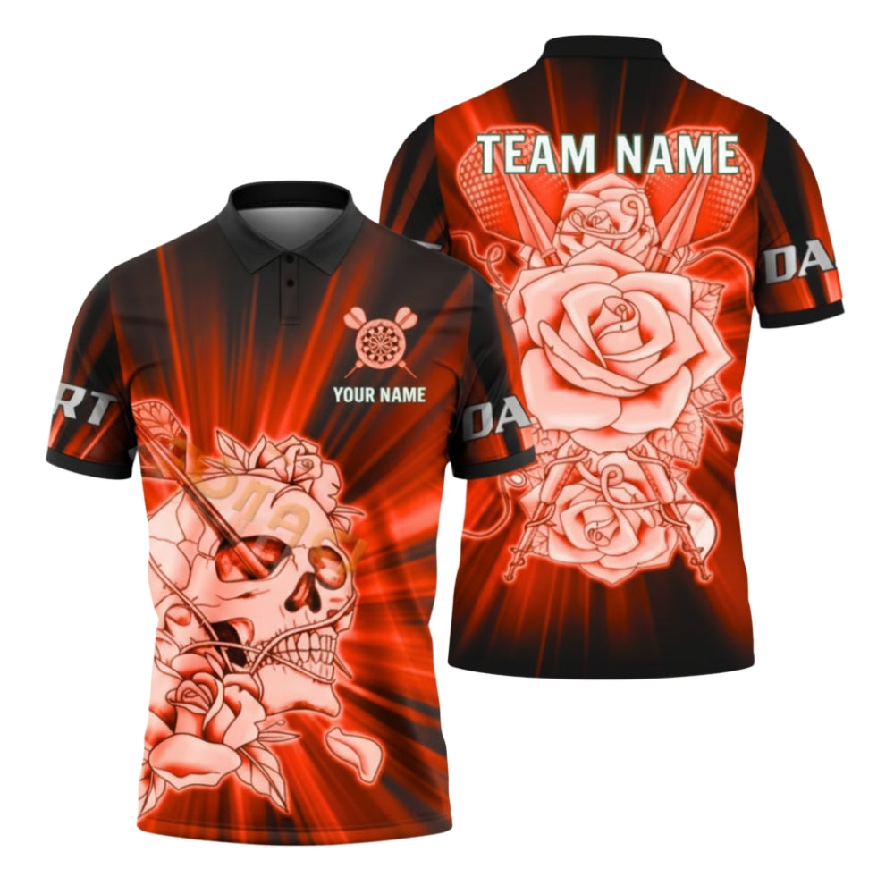 Custom Skull And Rose Blue Dart Polo Shirt Mens, Custom Skull Dart Team Shirts DZ0065