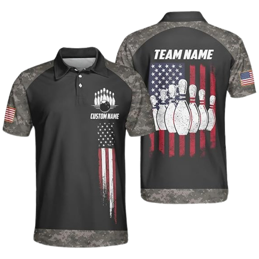 Custom Camouflage American Flag Bowling Polo Shirt Men, Custom Camo Patriotic Bowling Team Shirts BZ0385