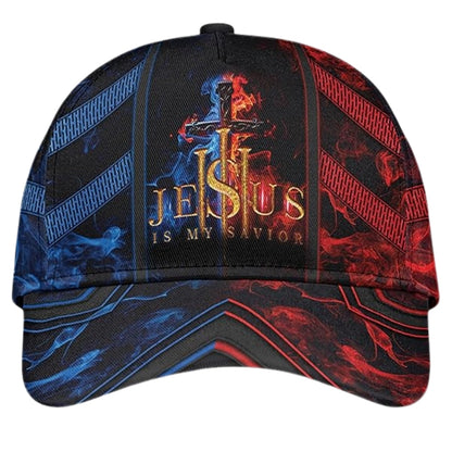 Jesus Is My Savior Red And Blue Flame Cross Baseball Cap, Jesus Christian Caps Hats CP0189