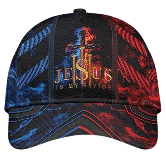 Jesus Is My Savior Red And Blue Flame Cross Baseball Cap, Jesus Christian Caps Hats CP0189