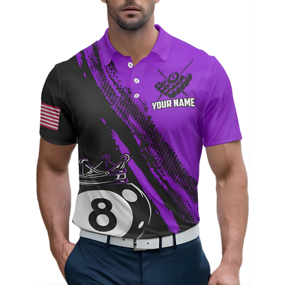 Black And Purple Custom King 8 Ball Billiard Men Polo Shirts, Custom 8 Ball Billiard Team Shirts BIZ0202