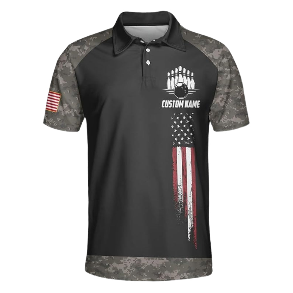 Custom Camouflage American Flag Bowling Polo Shirt Men, Custom Camo Patriotic Bowling Team Shirts BZ0385
