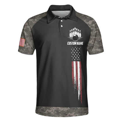Custom Camouflage American Flag Bowling Polo Shirt Men, Custom Camo Patriotic Bowling Team Shirts BZ0385