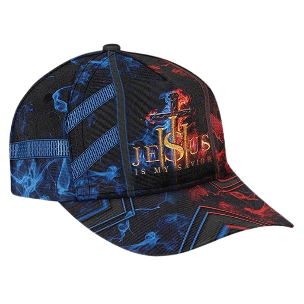 Jesus Is My Savior Red And Blue Flame Cross Baseball Cap, Jesus Christian Caps Hats CP0189