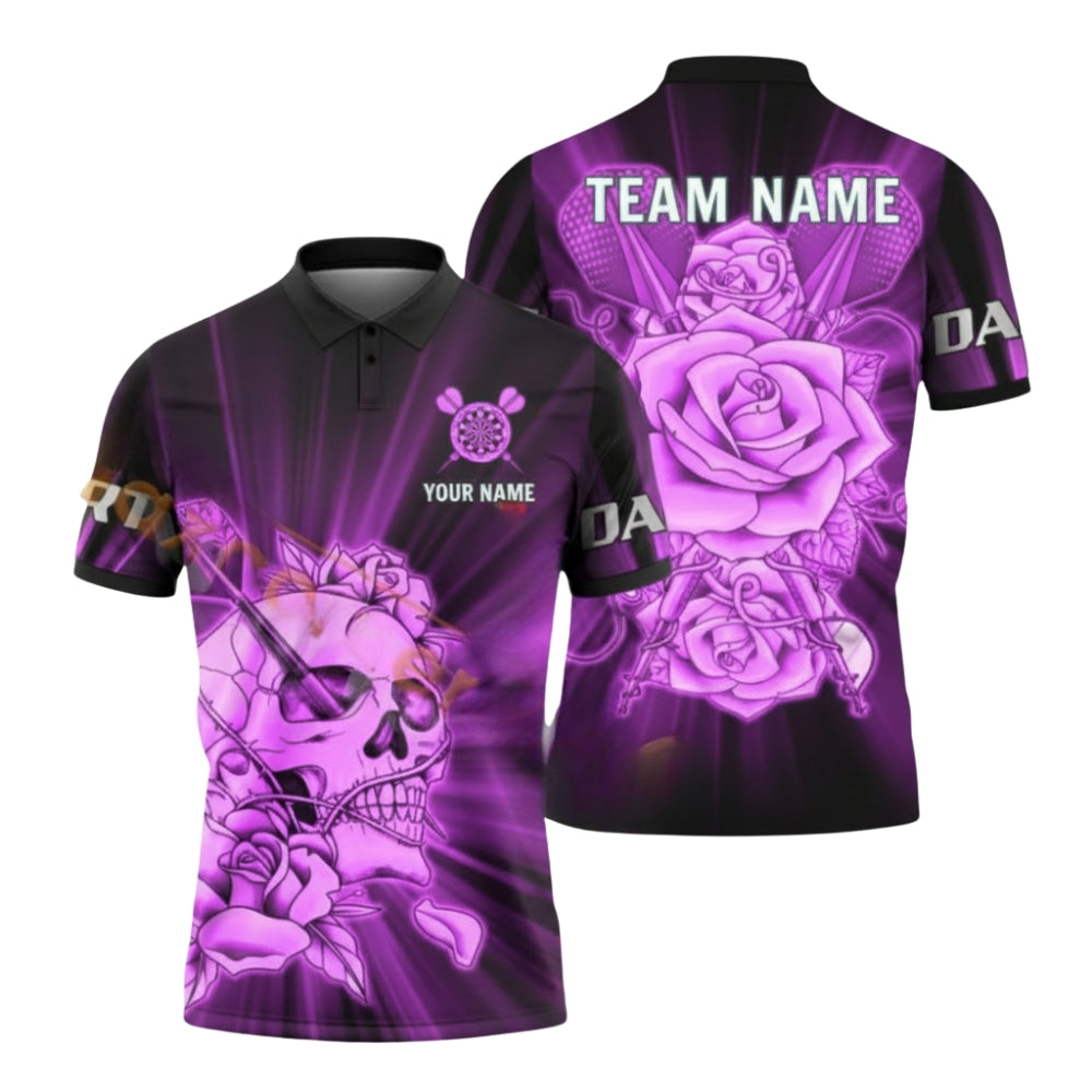 Custom Skull And Rose Blue Dart Polo Shirt Mens, Custom Skull Dart Team Shirts DZ0065