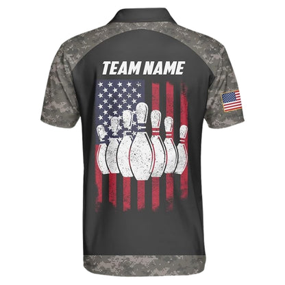 Custom Camouflage American Flag Bowling Polo Shirt Men, Custom Camo Patriotic Bowling Team Shirts BZ0385