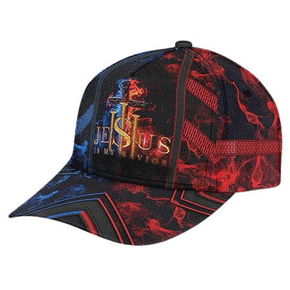 Jesus Is My Savior Red And Blue Flame Cross Baseball Cap, Jesus Christian Caps Hats CP0189