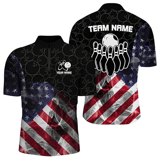 Custom American Flag Smoke Bowling Men Jersey, Custom Patriotic Bowling Team Shirts BZ0386