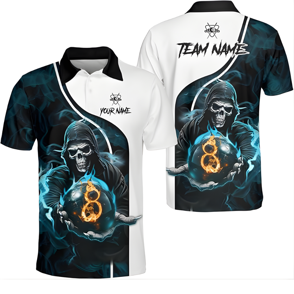 Custom Skull 8 Ball Cyan Billiard Polo Shirt For Mens, Custom Skull Billiard Team Shirt BIZ0154