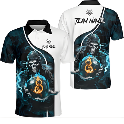Custom Skull 8 Ball Cyan Billiard Polo Shirt For Mens, Custom Skull Billiard Team Shirt BIZ0154