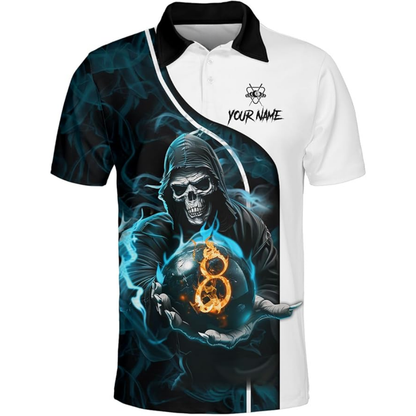 Custom Skull 8 Ball Cyan Billiard Polo Shirt For Mens, Custom Skull Billiard Team Shirt BIZ0154