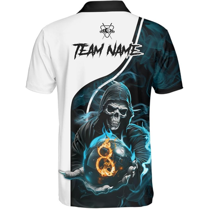 Custom Skull 8 Ball Cyan Billiard Polo Shirt For Mens, Custom Skull Billiard Team Shirt BIZ0154