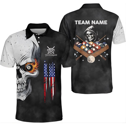 Custom Skull Billiard Polo Shirt For Mens, Custom Skull Patriotic Pool Team Shirts BIZ0155